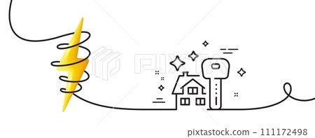 Buying house line icon. Continuous one line with curl. Buy real estate sign. New home symbol. Buying house single outline ribbon. Loop curve with energy. Vector 111172498