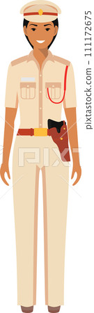 Standing Indian Policewoman Officer in Traditional Uniform Character Icon in Flat Style. Vector Illustration. Standing Indian Policewoman Officer in Traditional Uniform Character Icon in Flat Style. Vector Illustration. 111172675