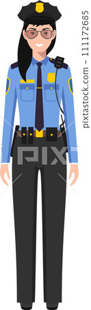 Standing American Policewoman Officer in Traditional Uniform Character Icon in Flat Style. Vector Illustration. 111172685