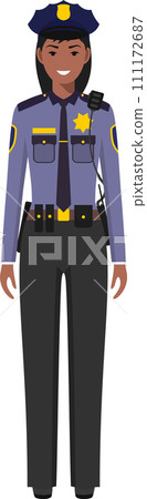 Standing African American Policewoman Officer in Traditional Uniform Character Icon in Flat Style. Vector Illustration. Standing African American Policewoman Officer in Traditional Uniform Character Icon in Flat Style. Vector Illustration. 111172687