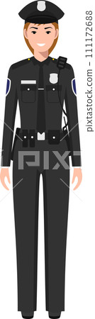 Standing American Policewoman Officer in Traditional Uniform Character Icon in Flat Style. Vector Illustration. Standing American Policewoman Officer in Traditional Uniform Character Icon in Flat Style. Vector Illustration. 111172688