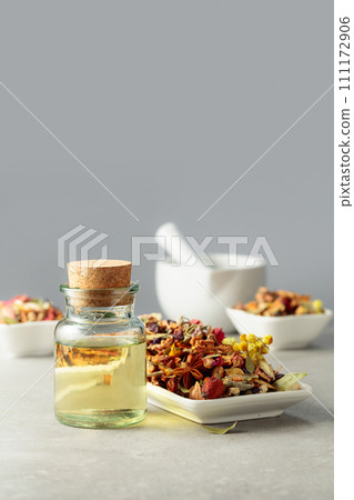 Essential oil or herbal tincture into a small bottle. Essential oil or herbal tincture into a small bottle. 111172906