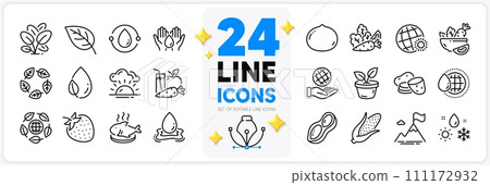Icons set of Sunset, Safe planet and Leaf dew line icons pack for app with Leaf, Corn, Potato thin outline icon. Macadamia nut, Strawberry, Leaves pictogram. Safe water, Peanut. Vector 111172932