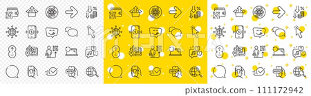 Outline Gps, Cursor and Messenger line icons pack for web with Checkbox, International globe, Voicemail line icon. Web search, Shop app, Speech bubble pictogram icon. Yummy smile. Vector 111172942