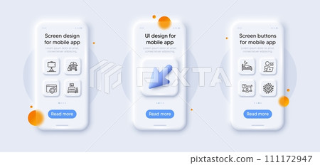 Online voting, Furniture and Selfie stick line icons pack. 3d phone mockups with cursor. Glass smartphone screen. Online question, Seo gear, Coronavirus web icon. Sleep, Gas grill pictogram. Vector 111172947