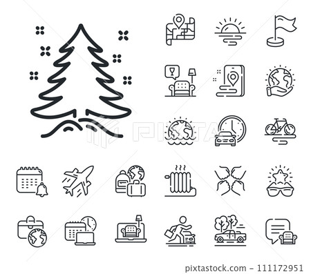 New year spruce sign. Plane jet, travel map and baggage claim outline icons. Christmas tree present line icon. Fir-tree symbol. Christmas tree line sign. Car rental, taxi transport icon. Vector 111172951