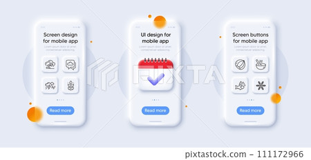 Bad weather, Weather forecast and Fish line icons pack. 3d phone mockups with calendar. Glass smartphone screen. Gluten free, Co2 gas, Hazelnut web icon. Cook, Snowflake pictogram. Vector 111172966