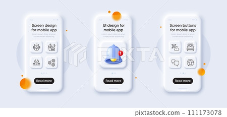 Qr code, Food delivery and Pillows line icons pack. 3d phone mockups with bell alert. Glass smartphone screen. Speech bubble, Voice assistant, Waterproof web icon. Vector Qr code, Food delivery and Pillows line icons pack. 3d phone mockups with bell alert. Glass smartphone screen. Speech bubble, Voice assistant, Waterproof web icon. Vector 111173078