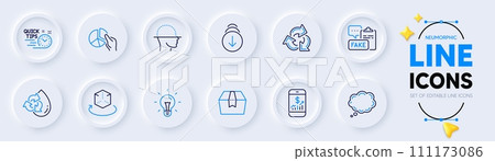 Recycle water, Comic message and Pie chart line icons for web app. Pack of Fake document, Scroll down, Package box pictogram icons. Recycle, Augmented reality, Face scanning signs. Vector 111173086