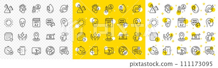 Outline Safe energy, Startup and Healthcare calendar line icons pack for web with Sunny weather, Air fan, Touch screen line icon. Attention, Quarantine, Location pictogram icon. Vector Outline Safe energy, Startup and Healthcare calendar line icons pack for web with Sunny weather, Air fan, Touch screen line icon. Attention, Quarantine, Location pictogram icon. Vector 111173095