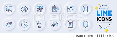Delete file, Phone payment and Megaphone checklist line icons for web app. Pack of Equality, Bid offer, Shield pictogram icons. Card, Scroll down, Touchscreen gesture signs. Electric bikeTimer. Vector Delete file, Phone payment and Megaphone checklist line icons for web app. Pack of Equality, Bid offer, Shield pictogram icons. Card, Scroll down, Touchscreen gesture signs. Electric bikeTimer. Vector 111173100