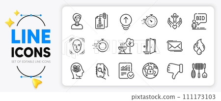 Attached info, Face detection and Timer line icons set for app include Grill tools, Flammable fuel, Auction outline thin icon. Grill, Businesswoman person, Door pictogram icon. Lock. Vector Attached info, Face detection and Timer line icons set for app include Grill tools, Flammable fuel, Auction outline thin icon. Grill, Businesswoman person, Door pictogram icon. Lock. Vector 111173103