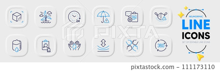 Risk management, Inspect and Safe water line icons for web app. Pack of Squad, Windmill, Resilience pictogram icons. 360 degree, Clipboard, 24 hours signs. Drop counter. Neumorphic buttons. Vector 111173110