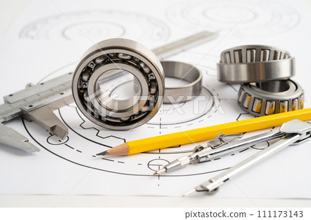 Engineering tools and mechanical industrial with vernier caliper and metal ball bering. Engineering tools and mechanical industrial with vernier caliper and metal ball bering. 111173143