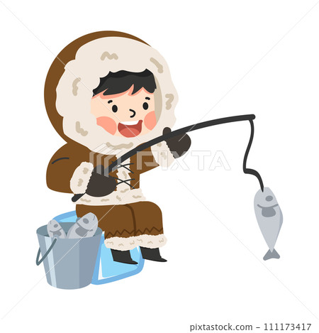 Boy eskimo with fish catch cartoon 111173417