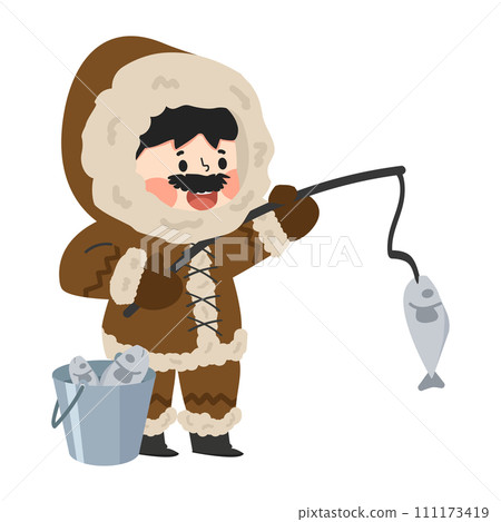 Man eskimo with fish catch cartoon Man eskimo with fish catch cartoon 111173419