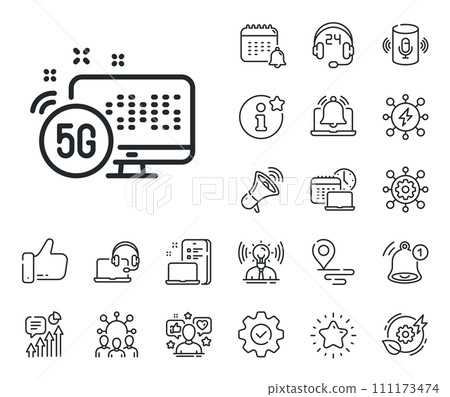 Wireless technology sign. Place location, technology and smart speaker outline icons. 5g internet line icon. Fast wifi symbol. 5g internet line sign. Influencer, brand ambassador icon. Vector Wireless technology sign. Place location, technology and smart speaker outline icons. 5g internet line icon. Fast wifi symbol. 5g internet line sign. Influencer, brand ambassador icon. Vector 111173474
