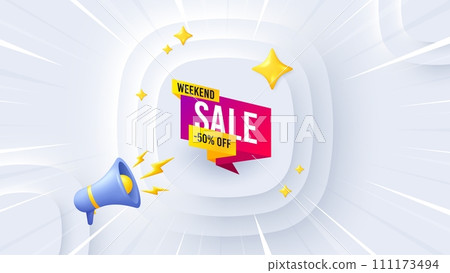 Weekend sale 50 percent off banner. Neumorphic offer 3d banner, poster. Discount sticker shape. Hot offer icon. Weekend sale promo event background. Sunburst banner, flyer or coupon. Vector 111173494