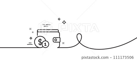 Wallet with Cash money line icon. Continuous one line with curl. Dollar currency sign. Payment method symbol. Buying accessory single outline ribbon. Loop curve pattern. Vector 111173506