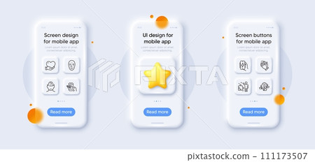 Teamwork, Strategy and Psychology line icons pack. 3d phone mockups with star. Glass smartphone screen. Volunteer, Education, Face biometrics web icon. Charging app, Clapping hands pictogram. Vector 111173507