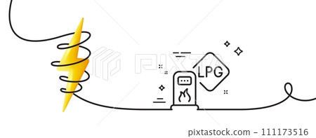 Gas station line icon. Continuous one line with curl. Filling station sign. LPG fuel symbol. Gas station single outline ribbon. Loop curve with energy. Vector Gas station line icon. Continuous one line with curl. Filling station sign. LPG fuel symbol. Gas station single outline ribbon. Loop curve with energy. Vector 111173516