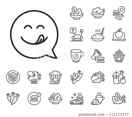 Emoticon with tongue sign. Crepe, sweet popcorn and salad outline icons. Yummy smile line icon. Speech bubble symbol. Yummy smile line sign. Pasta spaghetti, fresh juice icon. Supply chain. Vector Emoticon with tongue sign. Crepe, sweet popcorn and salad outline icons. Yummy smile line icon. Speech bubble symbol. Yummy smile line sign. Pasta spaghetti, fresh juice icon. Supply chain. Vector 111173577