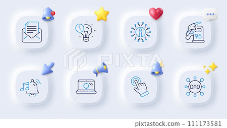 Petrol station, Dao and Alarm sound line icons. Buttons with 3d bell, chat speech, cursor. Pack of Cursor, Seo laptop, Time management icon. Mail correspondence, Info pictogram. Vector 111173581