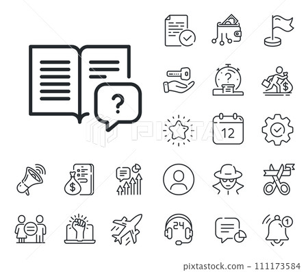 Help book sign. Salaryman, gender equality and alert bell outline icons. Instruction manual line icon. Question faq symbol. Instruction manual line sign. Spy or profile placeholder icon. Vector 111173584