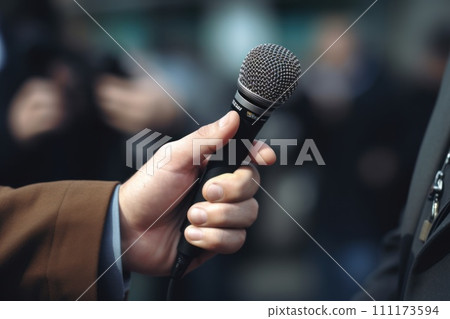 Professional Media interview hand a hold microphone after a press conference Professional Media interview hand a hold microphone after a press conference 111173594