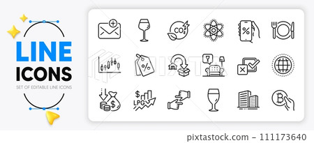 Checkbox, Moving service and Click hands line icons set for app include Lounge, New mail, Chemistry atom outline thin icon. Bordeaux glass, Co2 gas, Rise price pictogram icon. Deflation. Vector Checkbox, Moving service and Click hands line icons set for app include Lounge, New mail, Chemistry atom outline thin icon. Bordeaux glass, Co2 gas, Rise price pictogram icon. Deflation. Vector 111173640