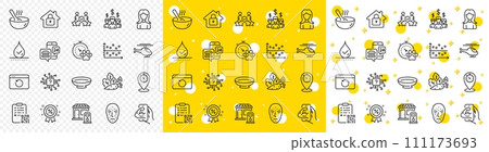 Outline Cook, Waterproof and Security agency line icons pack for web with Recovery internet, Fitness, Lock line icon. Timer, Face biometrics, Dog competition pictogram icon. Food app. Vector 111173693