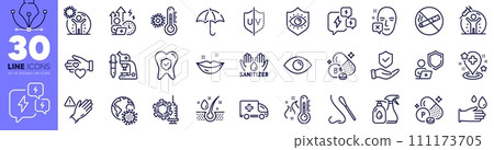 Eye, Vaccine protection and Vitamin b6 line icons pack. Lips, Coronavirus vaccine, Thermometer web icon. Cleaning liquids, Serum oil, Stress pictogram. Nasal test, Umbrella, Rubber gloves. Vector Eye, Vaccine protection and Vitamin b6 line icons pack. Lips, Coronavirus vaccine, Thermometer web icon. Cleaning liquids, Serum oil, Stress pictogram. Nasal test, Umbrella, Rubber gloves. Vector 111173705