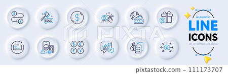 Phishing, Auction hammer and Money currency line icons for web app. Pack of Accounting, Bitcoin mining, Money transfer pictogram icons. Sale gift, Dollar exchange, Accounting wealth signs. Vector 111173707