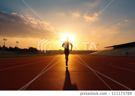 photo of a silhouette athlete person running on the track. Generative AI 111173789