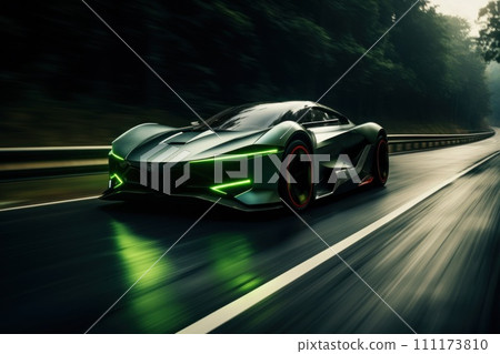 Showcase the futuristic power of a light green and black electric car speeding down a sleek highway Showcase the futuristic power of a light green and black electric car speeding down a sleek highway 111173810