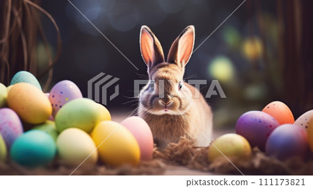 Adorable Easter Bunny With Easter Eggs, colorful Easter eggs, banner and wallpaper, AI Generative 111173821