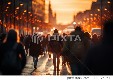 Crowd of people walking in the street with soft bokeh, fast moving in city Crowd of people walking in the street with soft bokeh, fast moving in city 111173935