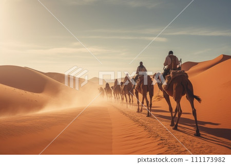 Herd of camel riders crossing the great desert 111173982