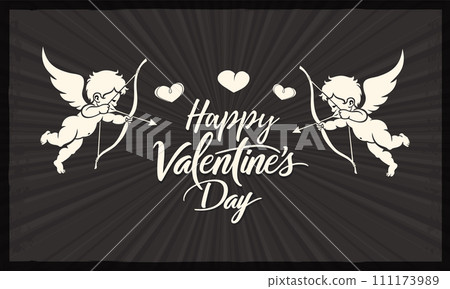 Vintage Valentine's Day card with two cute angels Cupids shooting bows Vintage Valentine's Day card with two cute angels Cupids shooting bows 111173989