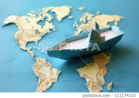 Paper boat on the world map paper, travel concept Paper boat on the world map paper, travel concept 111174113