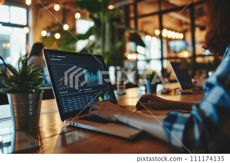 Person using a laptop with financial data with graphs and charts on a laptop computer at workplace 111174135
