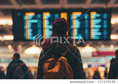 Traveling by airplane, Traveler looking at flight information at the airport. travel concept 111174138