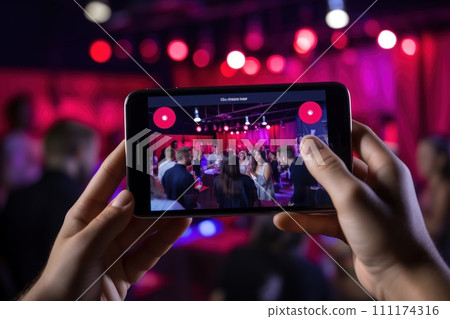 Friends live streaming a special event on social media, vlogger doing video live streaming 111174316