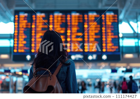 Traveling by airplane, Traveler looking at flight information at the airport. travel concept 111174427