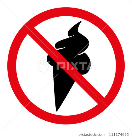 No ice cream symbol, prohibitory sign, red crossed out circle symbol with ice cream silhouette 111174625