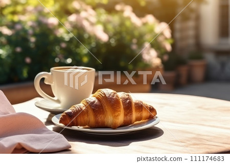 Close up photo of Coffee breakfast with pastries croissants Generative AI 111174683