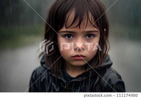 Downtrodden child portrait rain intricate scenery cinematic 111174980