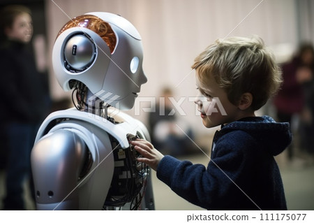 kid interact with robot artificial intelligence Generative AI 111175077
