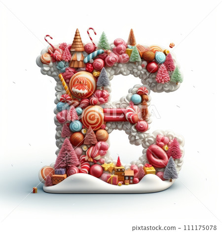 AI-generated content. Volumetric capital letter E, decorated in a festive Christmas and New Year style. Christmas tree decorations, balls, pine cones, tinsel. Mockup for Christmas banner or background 111175078
