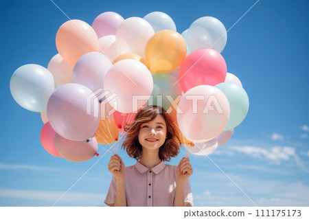 Creative scene with a hand holding a bunch of colorful balloons Generative AI 111175173